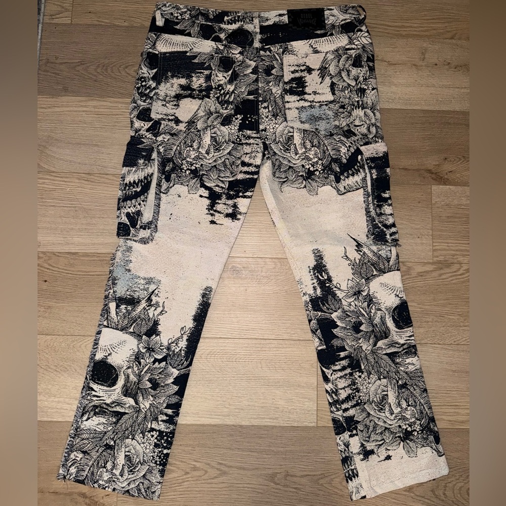 Skeleton Grunge Navy/Ivory Tapestry Heavyweight Straight Cargo Pants 36x32 NEW🔥 - Picture 5 of 11